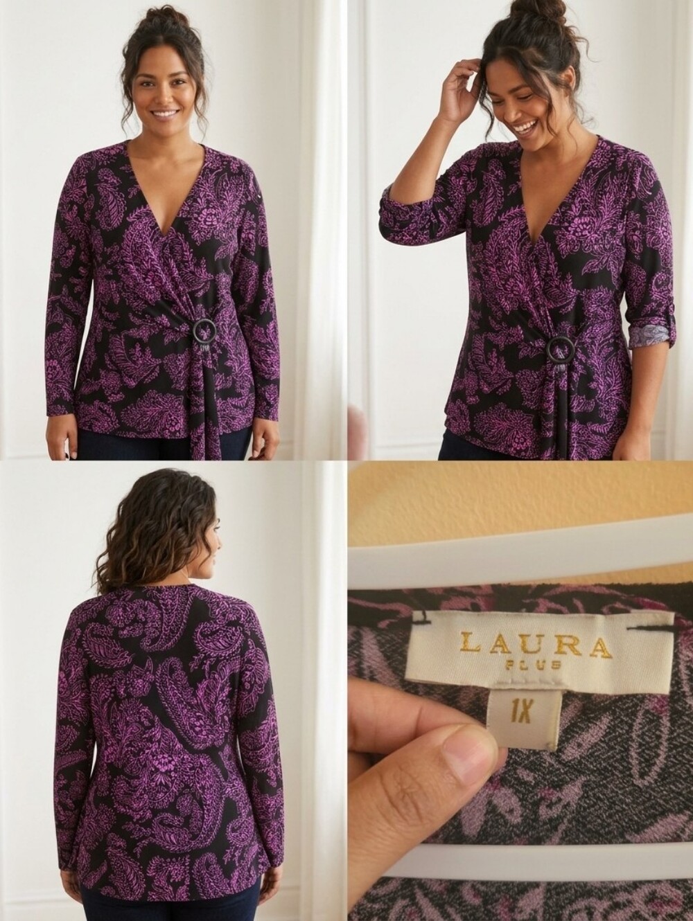 Laura Plus Size 1X Black Pink Paisley Wrap Blouse Ring Accent Top